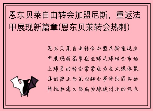 恩东贝莱自由转会加盟尼斯，重返法甲展现新篇章(恩东贝莱转会热刺)