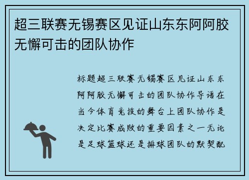 超三联赛无锡赛区见证山东东阿阿胶无懈可击的团队协作
