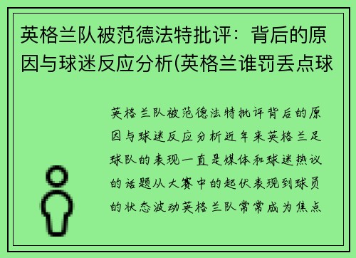 英格兰队被范德法特批评：背后的原因与球迷反应分析(英格兰谁罚丢点球)