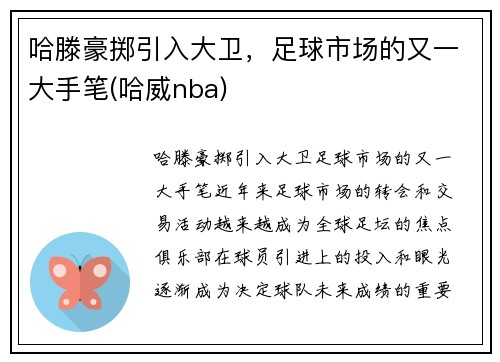 哈滕豪掷引入大卫，足球市场的又一大手笔(哈威nba)