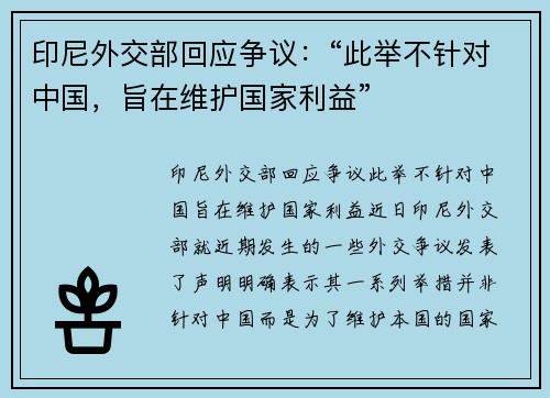 印尼外交部回应争议：“此举不针对中国，旨在维护国家利益”