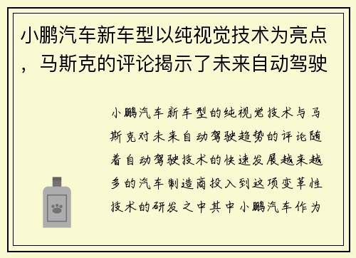 小鹏汽车新车型以纯视觉技术为亮点，马斯克的评论揭示了未来自动驾驶的趋势