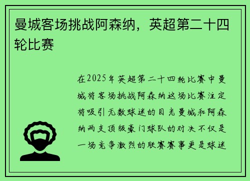 曼城客场挑战阿森纳，英超第二十四轮比赛